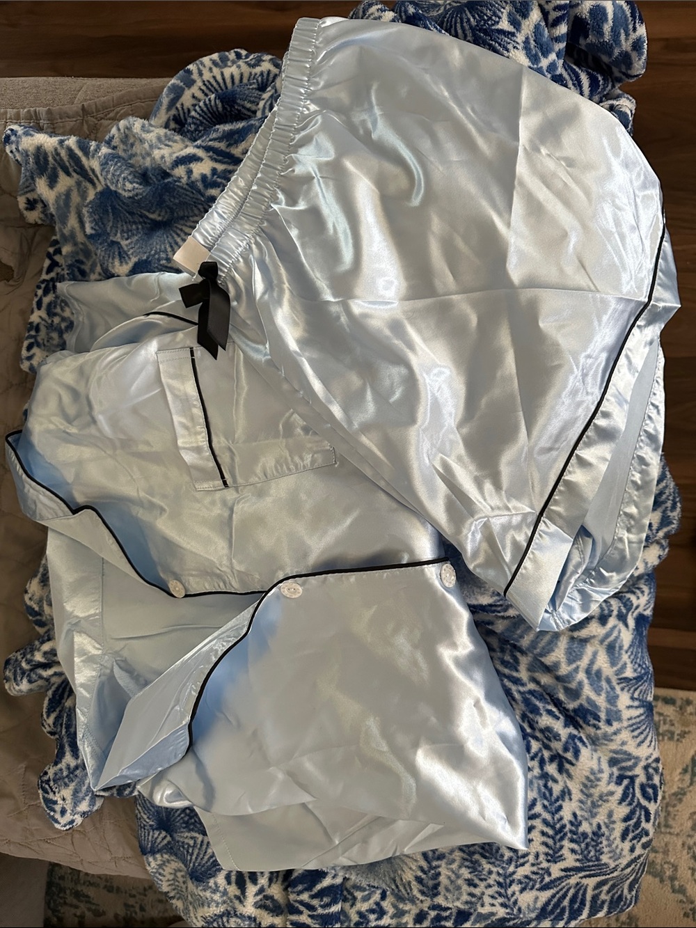 NWOT Light Blue Satin Pajama Set with Black Trim